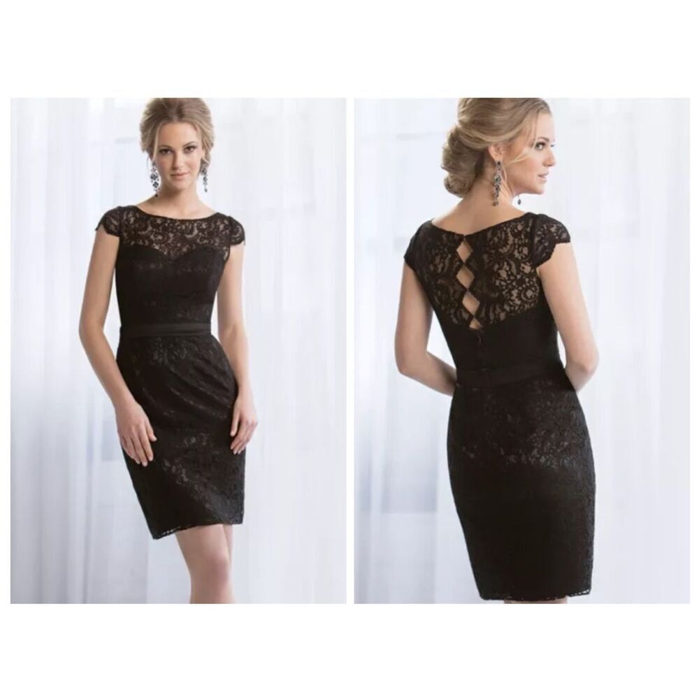 Belsoie Lace Sheath Short Belted Bridesmaid Dress - Little Black Dress Sz 14 NWT